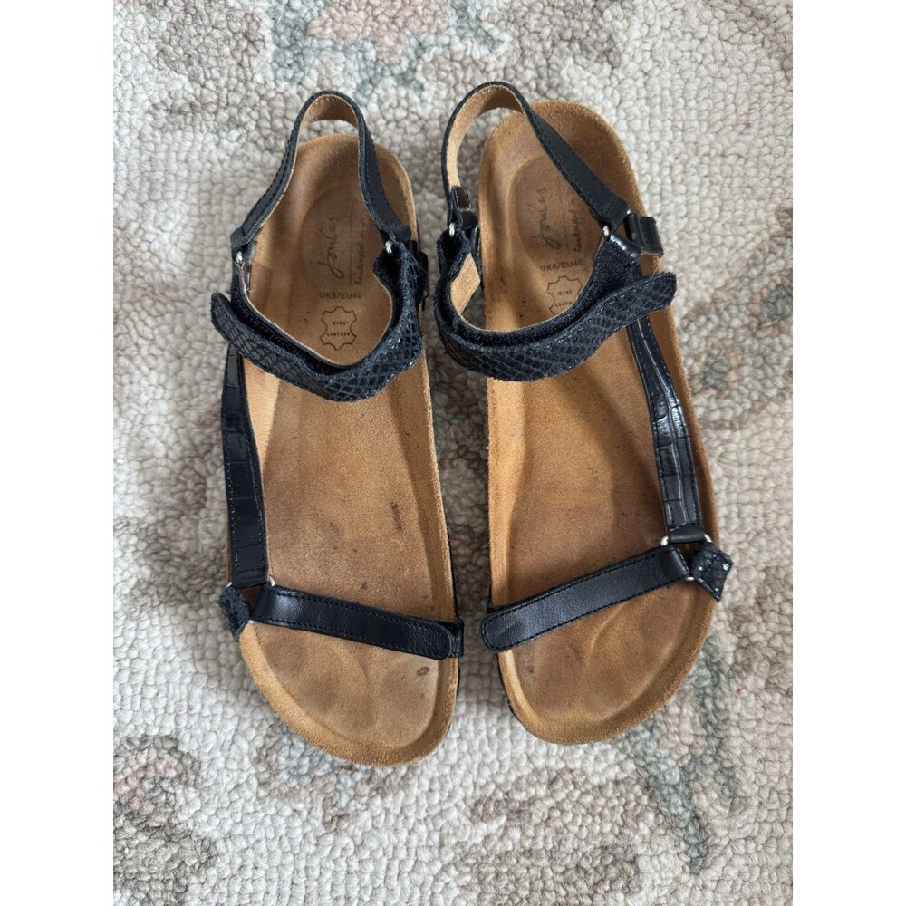 Joules Womens Strappy Adjustable Black Leather Sandals Size 9-9.5 Flat Comfort